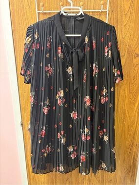 Zara Black Floral Pleated Midi Dress with Tie Neck